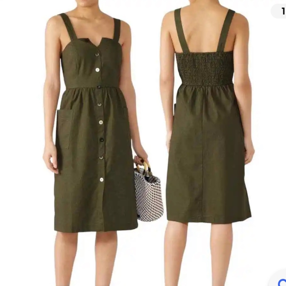 Moon River Army Green midi length upcycled buttons dress